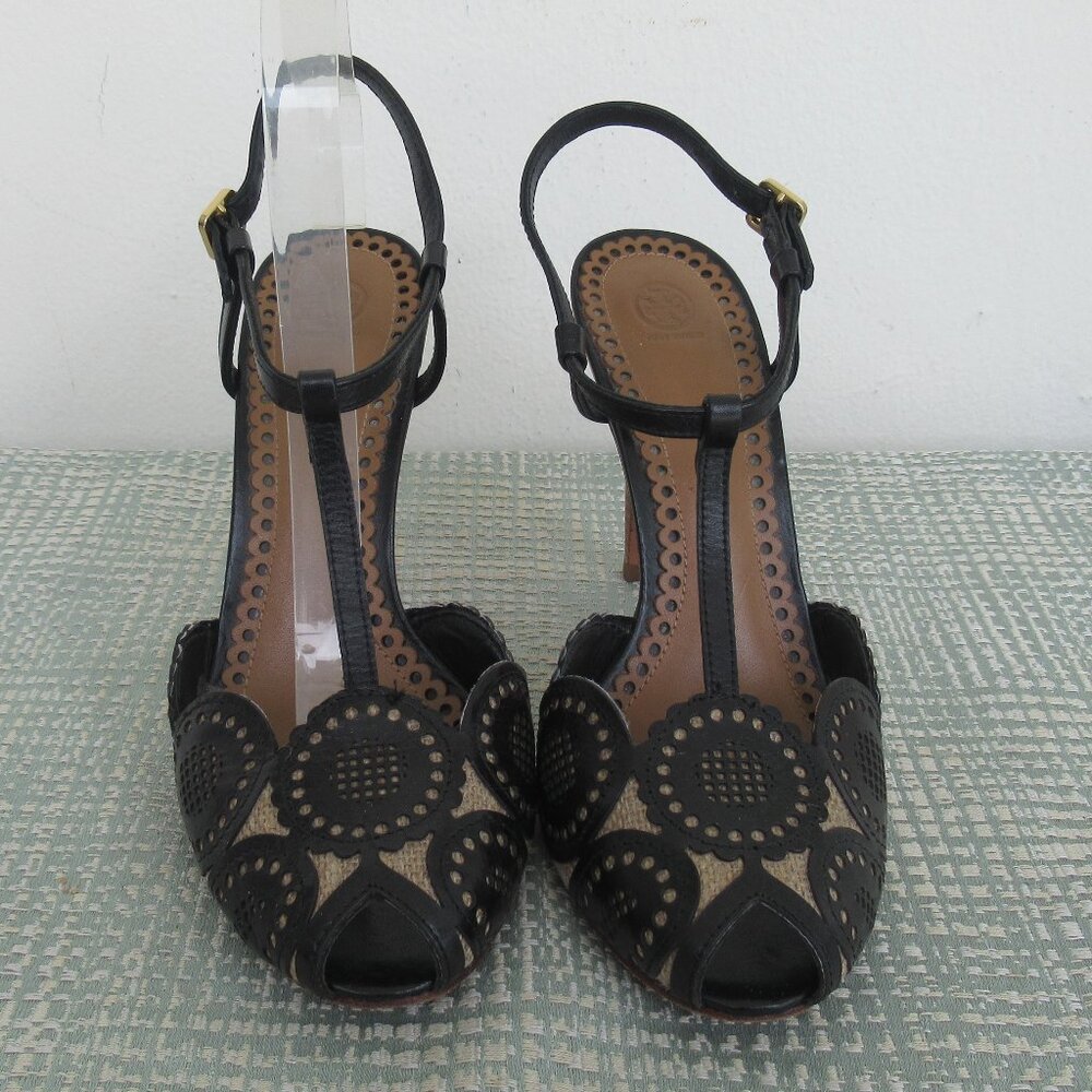 TORY BURCH, ALEXA Genuine Leather Peep Toe High Heel Sandal Black & Tan Sz. 6.5 - Picture 2 of 13